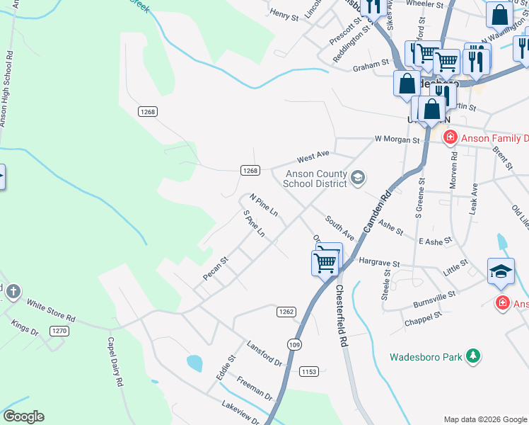 map of restaurants, bars, coffee shops, grocery stores, and more near 606 North Pine Lane in Wadesboro
