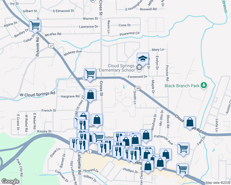 map of restaurants, bars, coffee shops, grocery stores, and more near Brookhaven Cir in Fort Oglethorpe