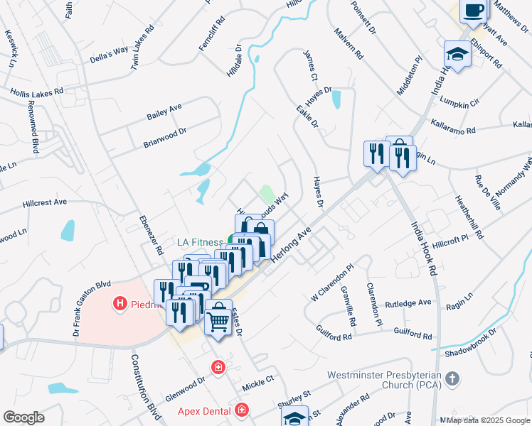 map of restaurants, bars, coffee shops, grocery stores, and more near 415 Clouds Way in Rock Hill
