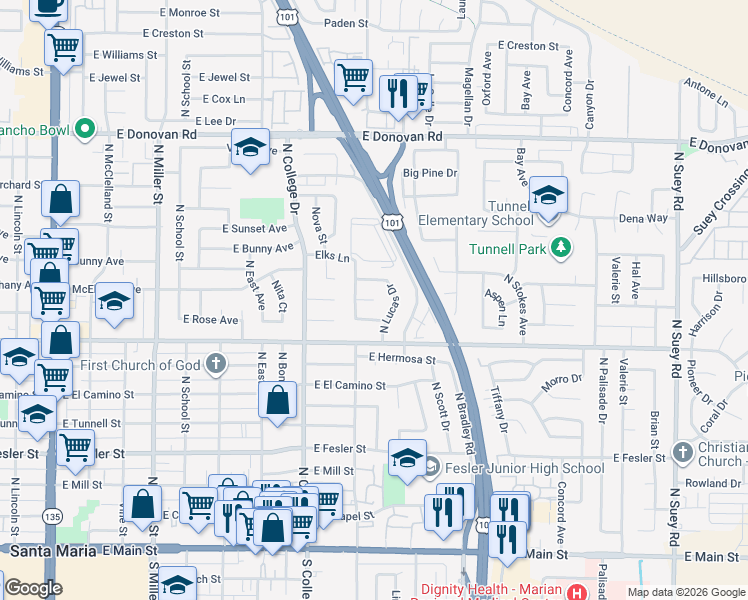 map of restaurants, bars, coffee shops, grocery stores, and more near 1001 North Lucas Drive in Santa Maria