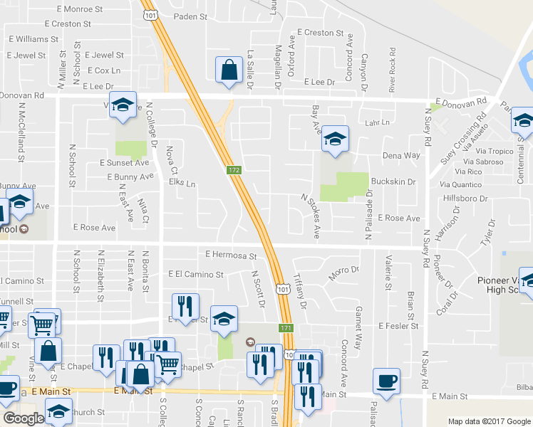 map of restaurants, bars, coffee shops, grocery stores, and more near 925 Grapevine Road in Santa Maria