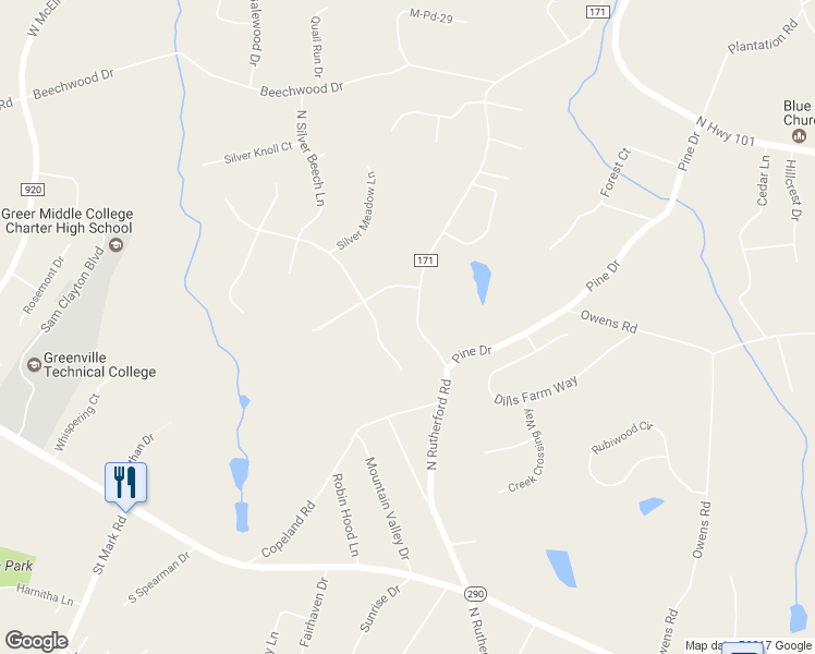 map of restaurants, bars, coffee shops, grocery stores, and more near 308 North Rutherford Road in Greer
