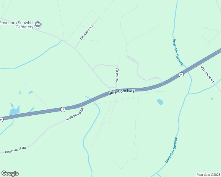 map of restaurants, bars, coffee shops, grocery stores, and more near 60-256 Harold Road in Roseboro
