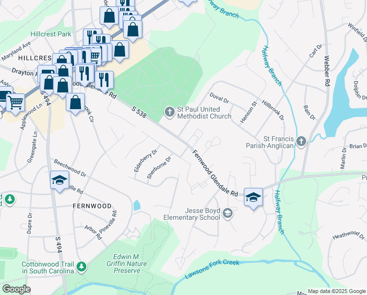 map of restaurants, bars, coffee shops, grocery stores, and more near 2 Pecan Court in Spartanburg