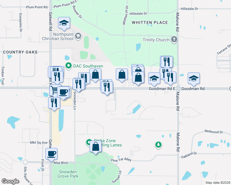 map of restaurants, bars, coffee shops, grocery stores, and more near 3451 Goodman Road East in Southaven