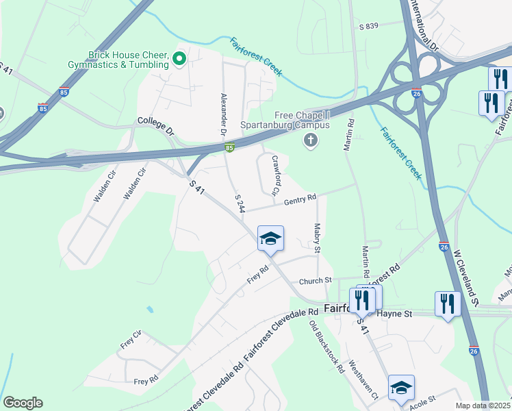 map of restaurants, bars, coffee shops, grocery stores, and more near 113 Gentry Road in Spartanburg