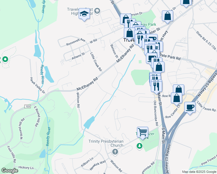 map of restaurants, bars, coffee shops, grocery stores, and more near 120 Midwood Road in Travelers Rest