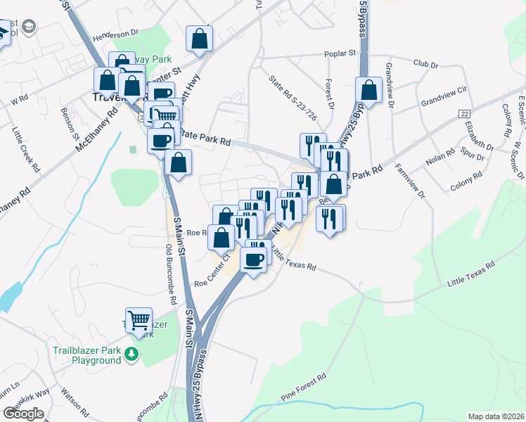 map of restaurants, bars, coffee shops, grocery stores, and more near 150 South End Circle in Travelers Rest