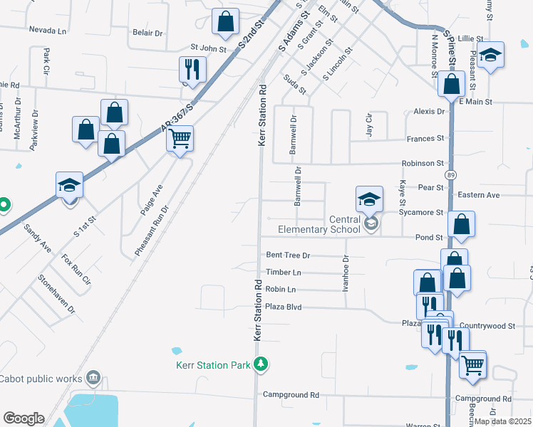 map of restaurants, bars, coffee shops, grocery stores, and more near 88 Sycamore Circle in Cabot