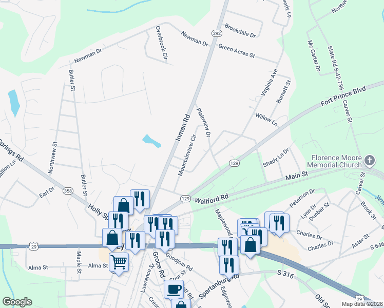 map of restaurants, bars, coffee shops, grocery stores, and more near 517 Mountainview Cir in Lyman