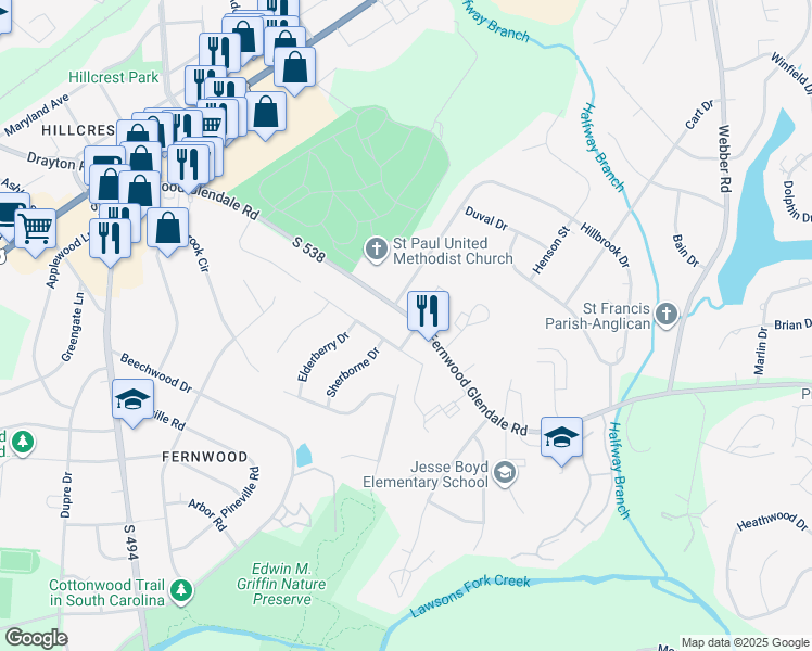 map of restaurants, bars, coffee shops, grocery stores, and more near 2 Pecan Court in Spartanburg