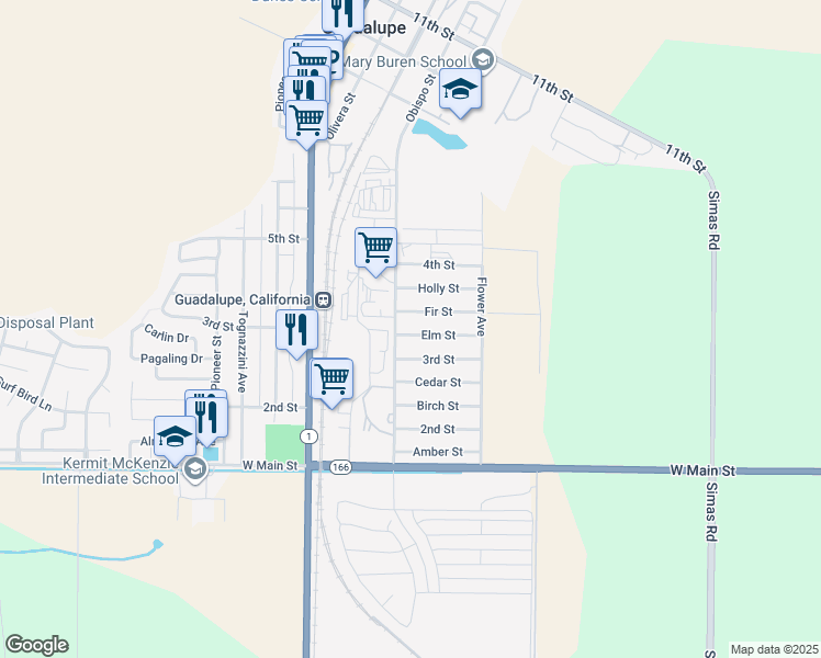 map of restaurants, bars, coffee shops, grocery stores, and more near 4487 Elm Street in Guadalupe