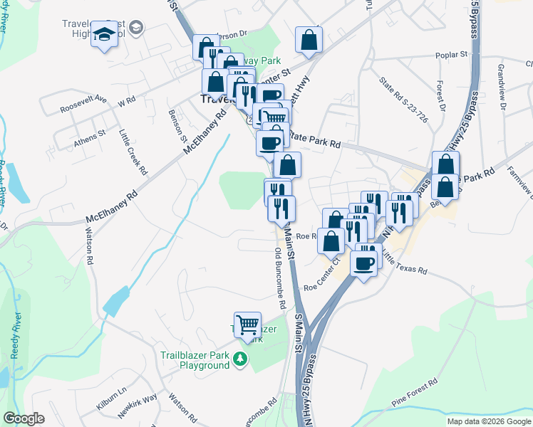 map of restaurants, bars, coffee shops, grocery stores, and more near 305A Old Buncombe Road in Travelers Rest