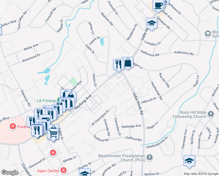 map of restaurants, bars, coffee shops, grocery stores, and more near 1775 Ridgeview Court in Rock Hill