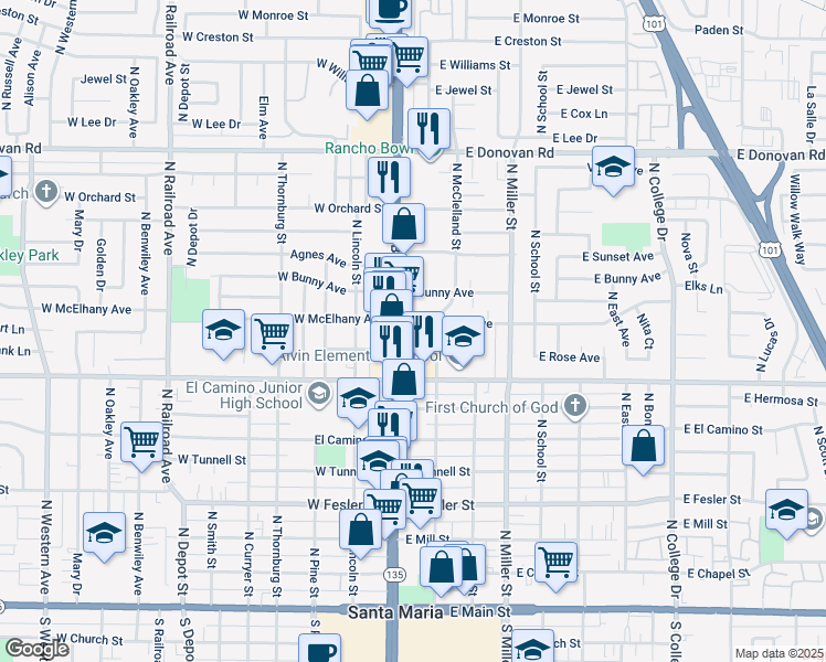 map of restaurants, bars, coffee shops, grocery stores, and more near 912 North Broadway in Santa Maria