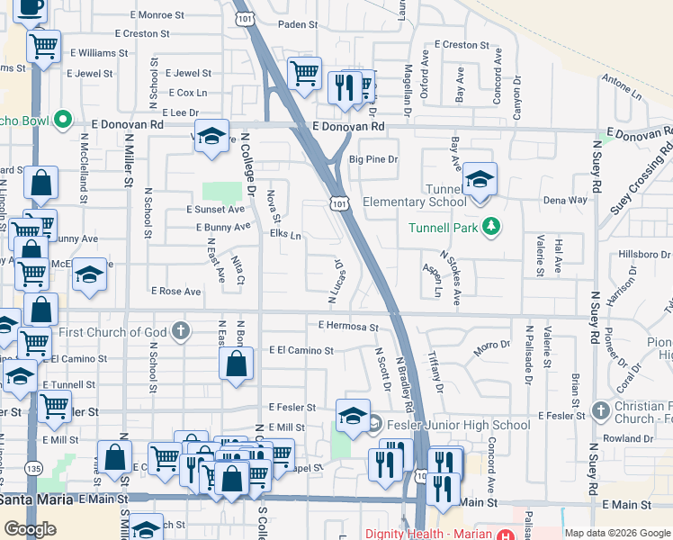 map of restaurants, bars, coffee shops, grocery stores, and more near 1001 North Lucas Drive in Santa Maria