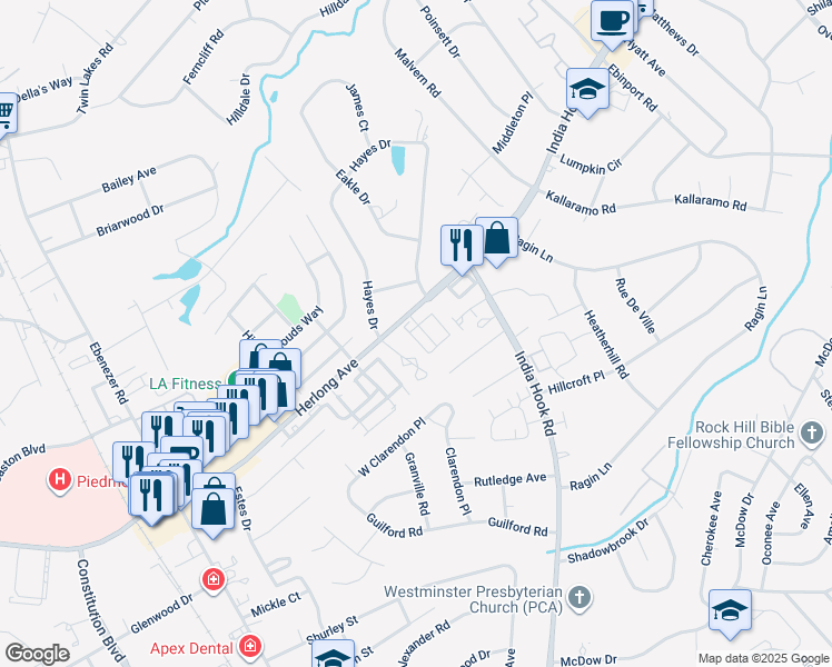 map of restaurants, bars, coffee shops, grocery stores, and more near 1815 Fairlawn Court in Rock Hill