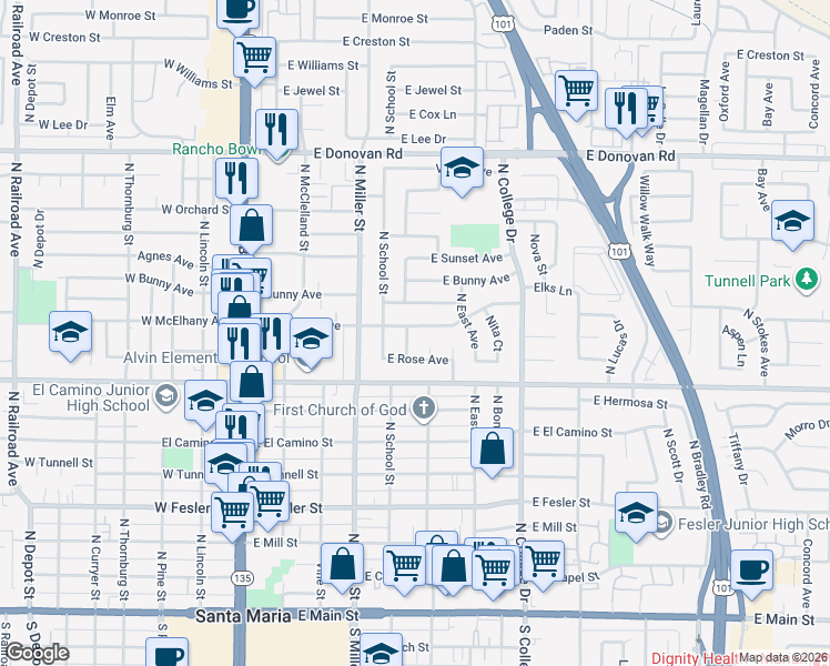 map of restaurants, bars, coffee shops, grocery stores, and more near 922 Christina Street in Santa Maria