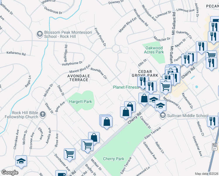 map of restaurants, bars, coffee shops, grocery stores, and more near 1679 Sandpiper Drive in Rock Hill