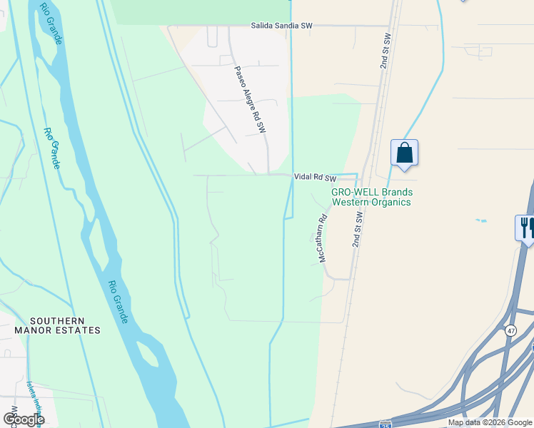 map of restaurants, bars, coffee shops, grocery stores, and more near 8630 Vidal Road Southwest in Albuquerque