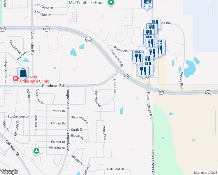 map of restaurants, bars, coffee shops, grocery stores, and more near 10620 Loblolly Street in Olive Branch