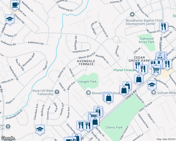 map of restaurants, bars, coffee shops, grocery stores, and more near 1606 Amber Lane in Rock Hill