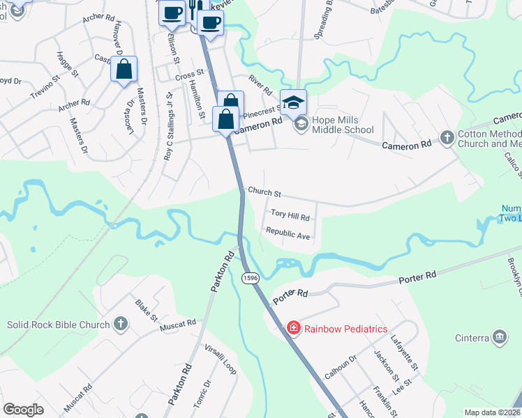 map of restaurants, bars, coffee shops, grocery stores, and more near 4110 Mill Bridge Road in Hope Mills