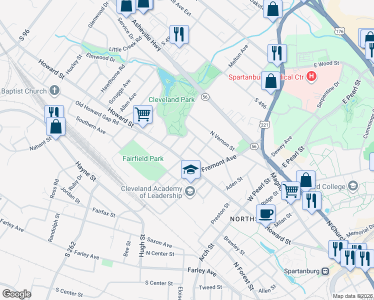 map of restaurants, bars, coffee shops, grocery stores, and more near 798 Leonard Street in Spartanburg