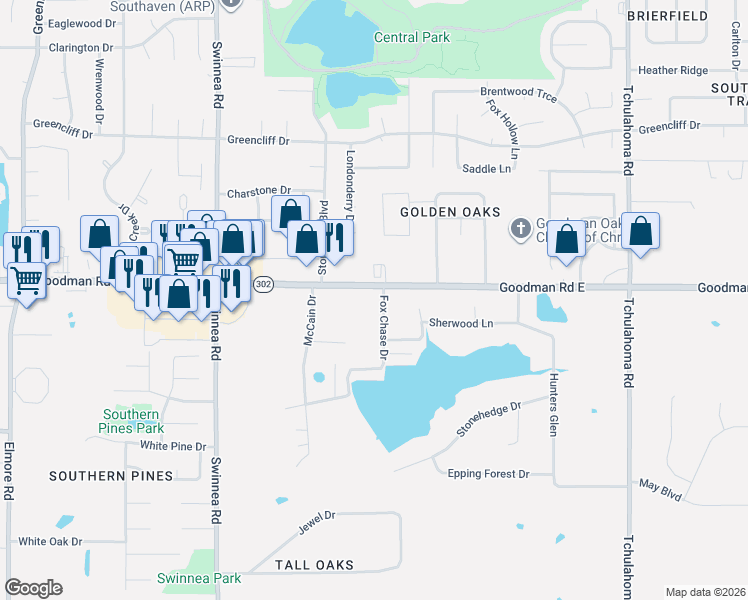 map of restaurants, bars, coffee shops, grocery stores, and more near 6965 Fox Chase Drive in Southaven