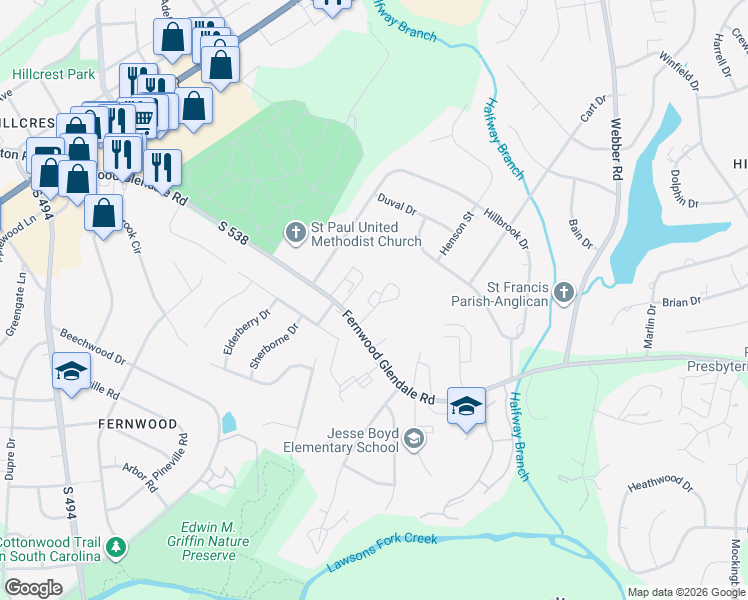 map of restaurants, bars, coffee shops, grocery stores, and more near 1465 Grant Circle in Spartanburg