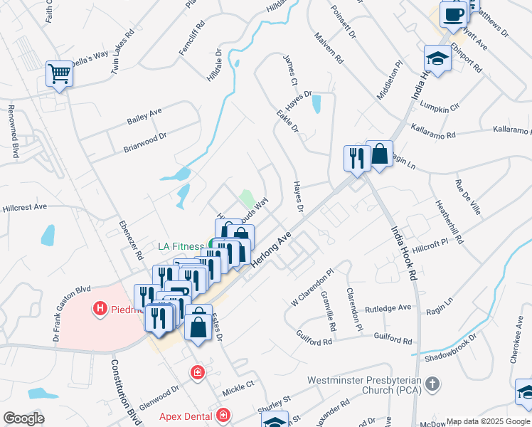 map of restaurants, bars, coffee shops, grocery stores, and more near 753 Winding Way in Rock Hill