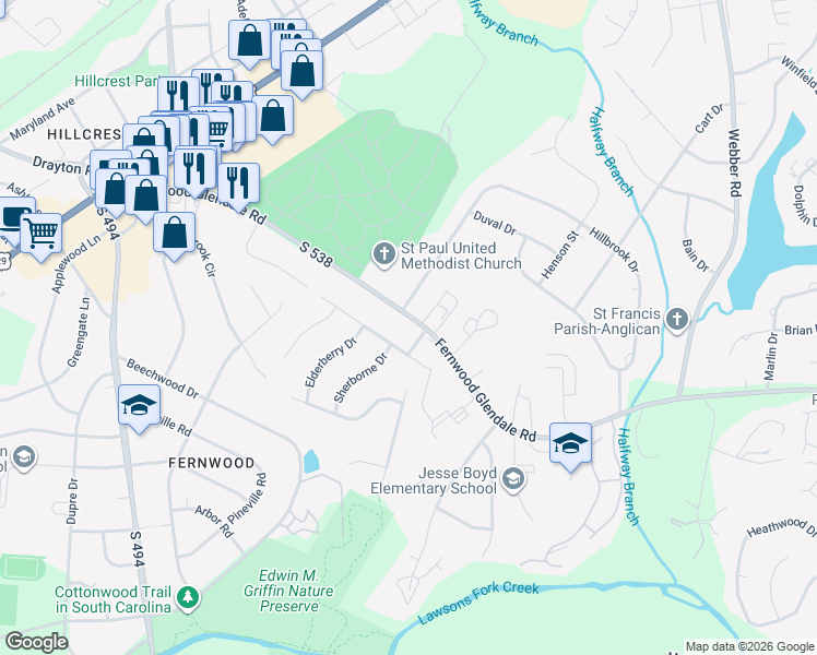 map of restaurants, bars, coffee shops, grocery stores, and more near 204 Aberdeen Lane in Spartanburg