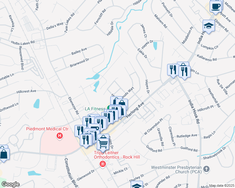 map of restaurants, bars, coffee shops, grocery stores, and more near 510 Smoke House Lane in Rock Hill