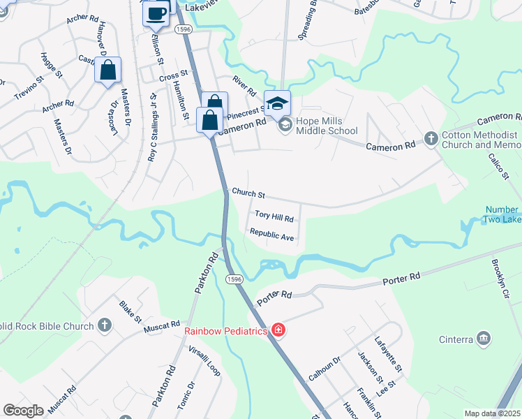 map of restaurants, bars, coffee shops, grocery stores, and more near 5334 Tory Hill Road in Hope Mills