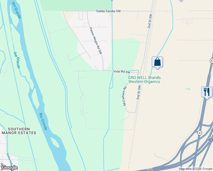 map of restaurants, bars, coffee shops, grocery stores, and more near 8630 Vidal Road Southwest in Albuquerque
