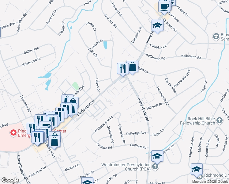map of restaurants, bars, coffee shops, grocery stores, and more near 1775 Ridgeview Court in Rock Hill