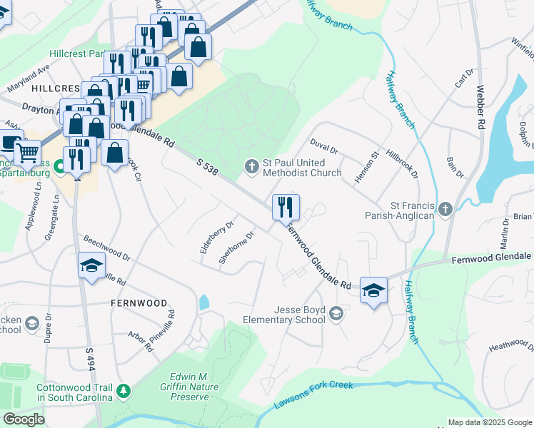 map of restaurants, bars, coffee shops, grocery stores, and more near 204 Aberdeen Lane in Spartanburg