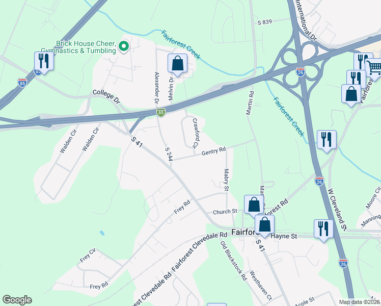 map of restaurants, bars, coffee shops, grocery stores, and more near 113 Gentry Road in Spartanburg