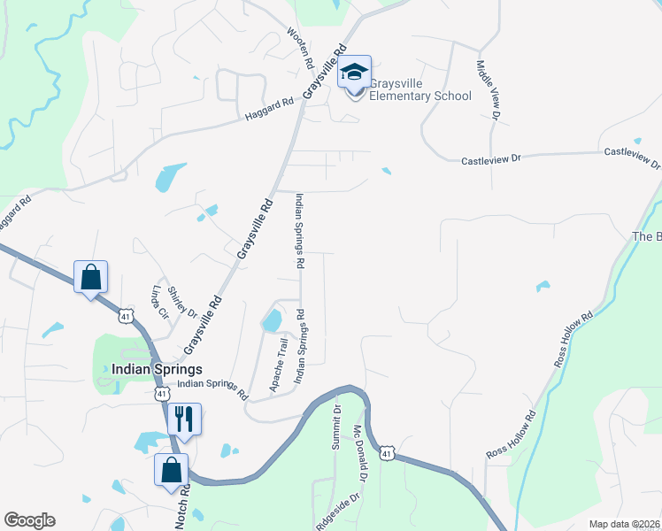 map of restaurants, bars, coffee shops, grocery stores, and more near 101 Sioux Trail in Ringgold