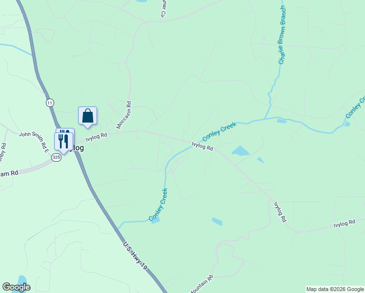 map of restaurants, bars, coffee shops, grocery stores, and more near 568 Ivylog Road in Blairsville