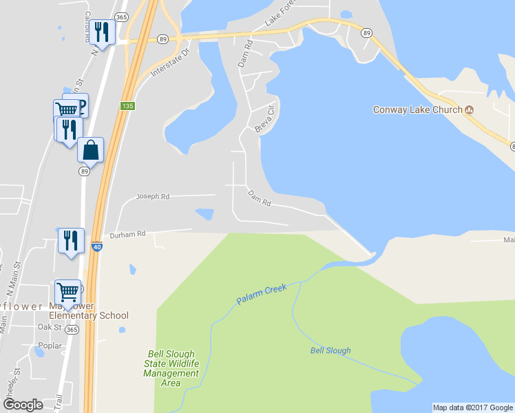 map of restaurants, bars, coffee shops, grocery stores, and more near 96 Dam Road in Mayflower