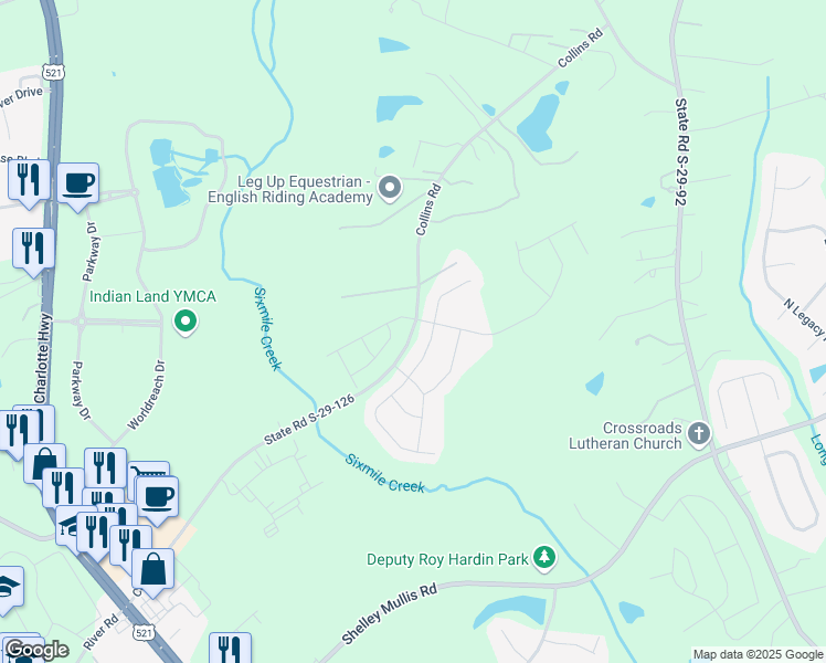 map of restaurants, bars, coffee shops, grocery stores, and more near Collins Road in Fort Mill