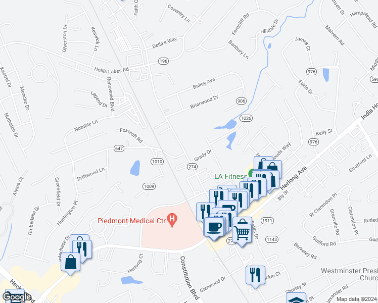map of restaurants, bars, coffee shops, grocery stores, and more near 1902 Ebenezer Road in Rock Hill