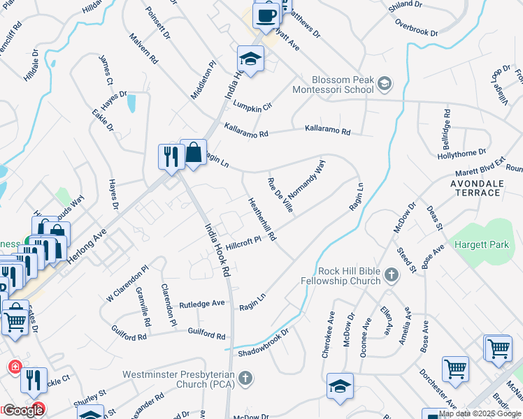 map of restaurants, bars, coffee shops, grocery stores, and more near 1704 State Route 1207 in Rock Hill