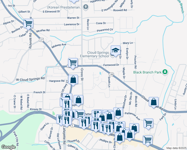 map of restaurants, bars, coffee shops, grocery stores, and more near Brookhaven Cr in Fort Oglethorpe