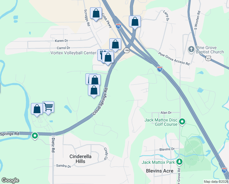 map of restaurants, bars, coffee shops, grocery stores, and more near 4066 Cloud Springs Road in Ringgold