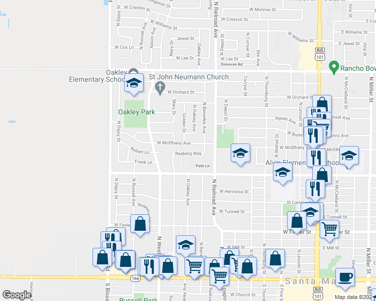 map of restaurants, bars, coffee shops, grocery stores, and more near 841 Raaberg Way in Santa Maria
