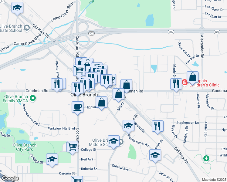 map of restaurants, bars, coffee shops, grocery stores, and more near 9317 Goodman Road in Olive Branch