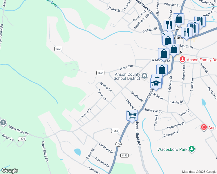 map of restaurants, bars, coffee shops, grocery stores, and more near 606 North Pine Lane in Wadesboro