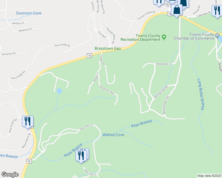 map of restaurants, bars, coffee shops, grocery stores, and more near 4478 Twiggs Road in Young Harris